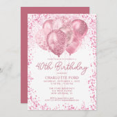 エレガント赤面ピンクグリッターグラムバルーン誕生日 招待状 (正面/裏面)