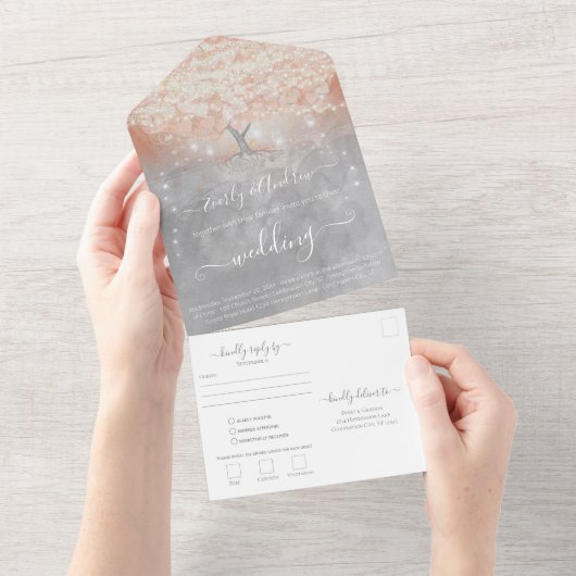 エレガント赤面ピンクコーラルハートリーフツリ結婚ーズ オールインワン招待状 (貼ってはがせる)