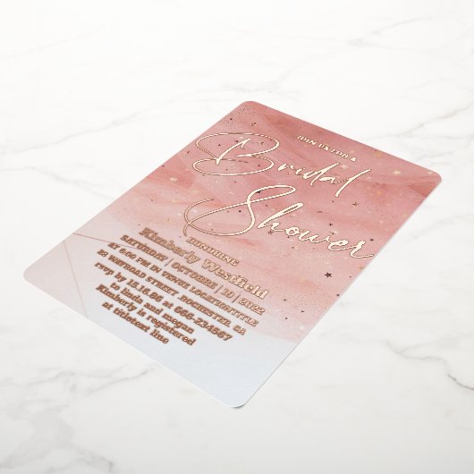 エレガント赤面ピンクシックブライダルシャワーバラ金ゴールド 箔招待状 (回転した状態)