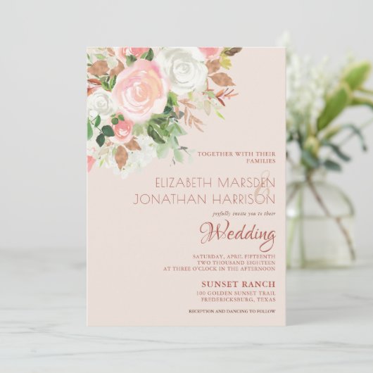 エレガント赤面ピンクシャンパンホワイトフローラ結婚ズ 招待状 (スタンド正面)