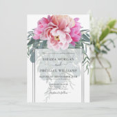 エレガント赤面ピンクシルバーグレーブーケ結婚ス 招待状 (スタンド正面)