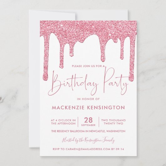 エレガント赤面ピンクスパークルグリッタードリップス誕生日 招待状 (正面)