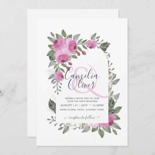 エレガント赤面ピンクセリーズフローラ結婚アーチ 招待状 (正面/裏面)