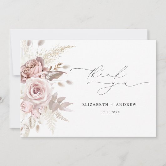 エレガント赤面ピンクダスティバラ結婚フローラ サンキューカード (正面)