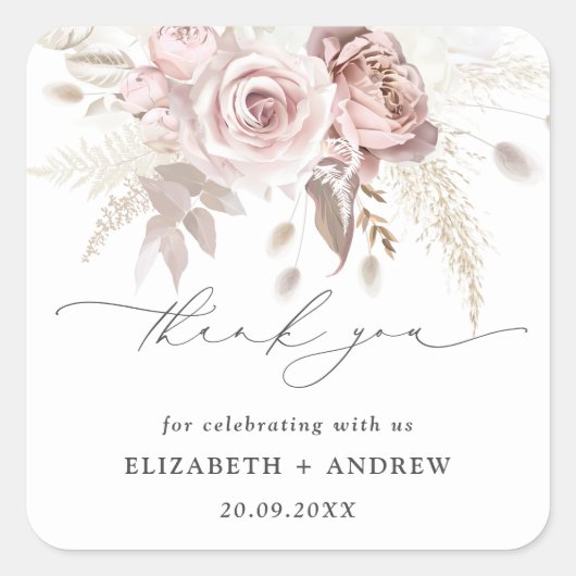 エレガント赤面ピンクダスティバラ結婚フローラ スクエアシール (正面)