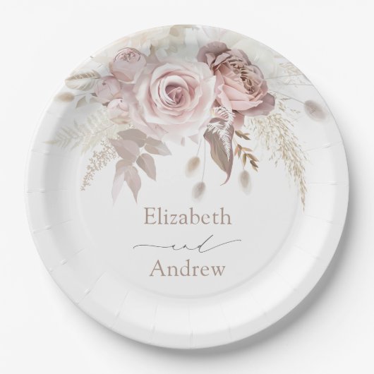 エレガント赤面ピンクダスティバラ結婚フローラ ペーパープレート (正面)
