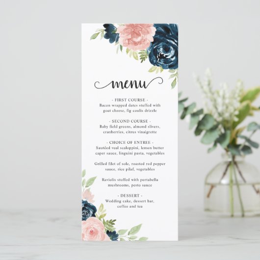 エレガント赤面ピンクネイビーブルーフローラ結婚ズ メニュー (スタンド正面)