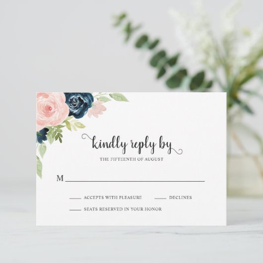 エレガント赤面ピンクネイビーブルーフローラ結婚ズ 出欠カード (スタンド正面)