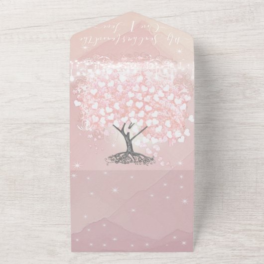 エレガント赤面ピンクハートリーフ結婚ツリーすべて オールインワン招待状 (外側)