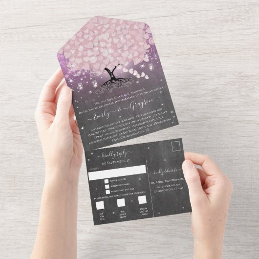 エレガント赤面ピンクハートリーフ結婚ツリー オールインワン招待状 (貼ってはがせる)