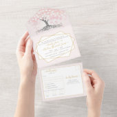 エレガント赤面ピンクハートリーフ結婚ツリー オールインワン招待状 (貼ってはがせる)