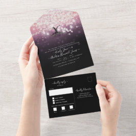 エレガント赤面ピンクパープルハートリーフツ結婚リー オールインワン招待状