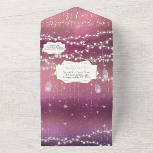 エレガント赤面ピンクパープルハートリーフツ結婚リー オールインワン招待状 (外側)