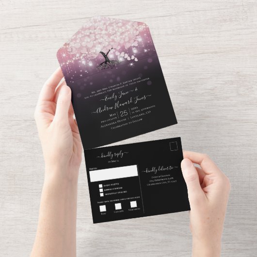 エレガント赤面ピンクパープルハートリーフツ結婚リー オールインワン招待状 (貼ってはがせる)