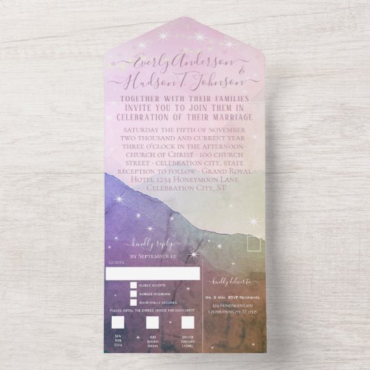 エレガント赤面ピンクパープルマウンテンリゾ結婚ート オールインワン招待状 (内側)