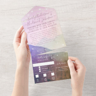 エレガント赤面ピンクパープルマウンテンリゾ結婚ート オールインワン招待状