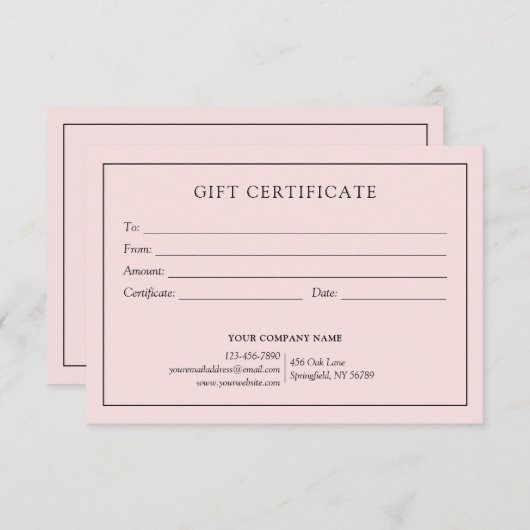 エレガント赤面ピンクビジネスギフト証明書のロゴ (正面/裏面)