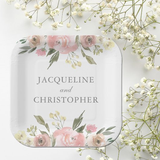 エレガント赤面ピンクピーニーフローラ春の結婚式 ペーパープレート