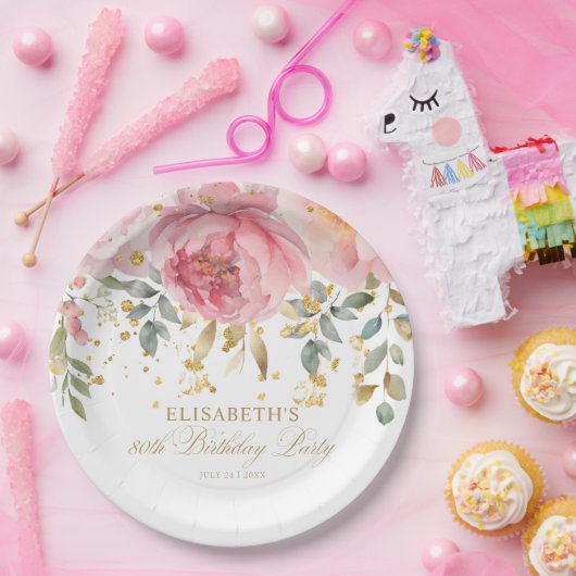 エレガント赤面ピンクピーニーフローラ80誕生日 ペーパープレート (パーティー)