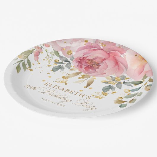 エレガント赤面ピンクピーニーフローラ80誕生日 ペーパープレート (アングル)