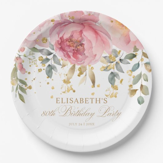 エレガント赤面ピンクピーニーフローラ80誕生日 ペーパープレート (正面)