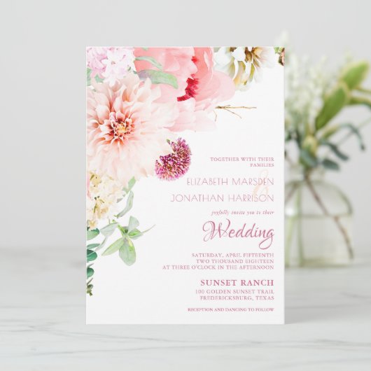 エレガント赤面ピンクピーニーホワイトフローラ結婚ズインビ 招待状 (スタンド正面)