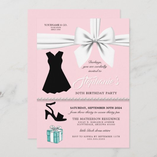 エレガント赤面ピンクファッションフォワード誕生日 招待状 (正面/裏面)