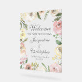 エレガント赤面ピンクフローラへようこそ結婚 アクリルサイン (傾斜)