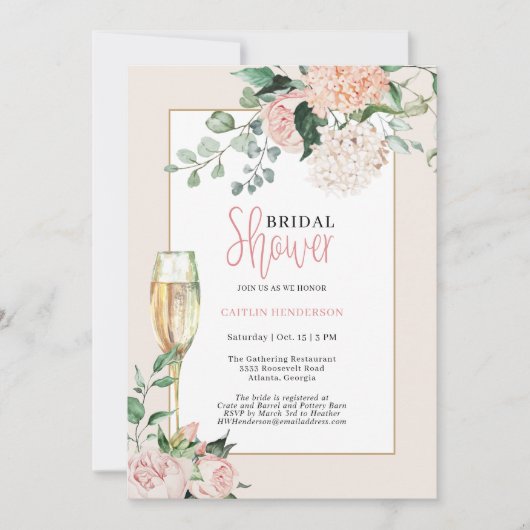 エレガント赤面ピンクフローラアジサイブライダルシャワー 招待状 (正面)