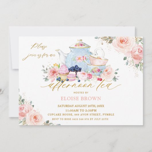 エレガント赤面ピンクフローラアフタヌーンティーパーティー 招待状 (正面)