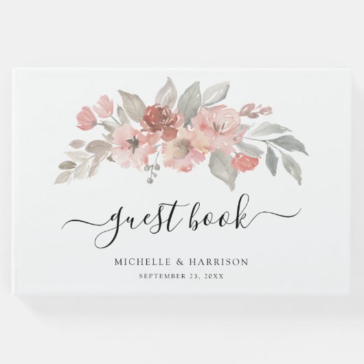 エレガント赤面ピンクフローラウォーター結婚カラー ゲストブック (正面)