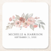 エレガント赤面ピンクフローラウォーター結婚カラー スクエアペーパーコースター (正面)