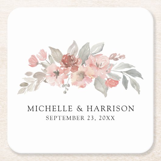 エレガント赤面ピンクフローラウォーター結婚カラー スクエアペーパーコースター (正面)