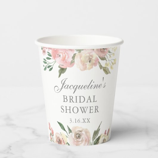 エレガント赤面ピンクフローラカスタムブライダルシャワー 紙コップ (裏面)