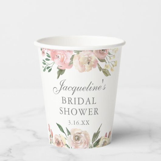 エレガント赤面ピンクフローラカスタムブライダルシャワー 紙コップ (正面)