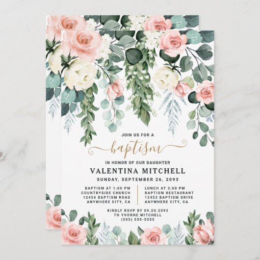 エレガント赤面ピンクフローラガーデンバプテユニークィス 招待状 (正面/裏面)