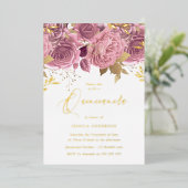エレガント赤面ピンクフローラキンセアニェラパーティー金ゴールド 箔招待状 (立ち正面)