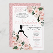 エレガント赤面ピンクフローラキンセアニェラ誕生日 招待状 (正面/裏面)