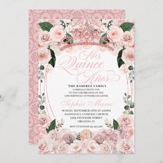 エレガント赤面ピンクフローラキンセアニェラ誕生日 招待状 (正面/裏面)