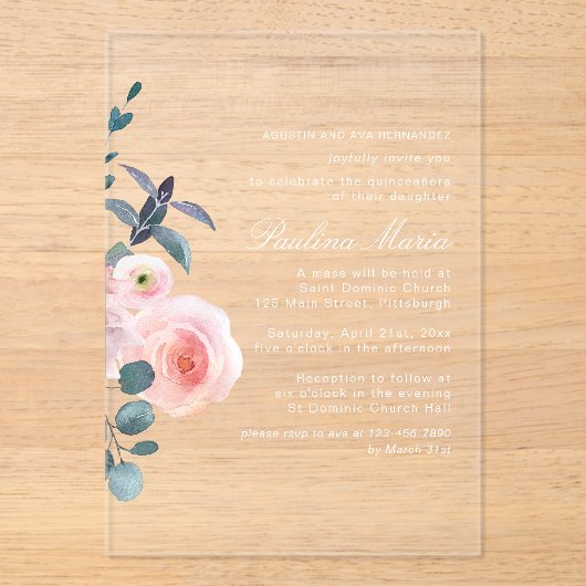 エレガント赤面ピンクフローラキンセアニラ アクリル招待状 (正面)