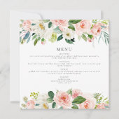 エレガント赤面ピンクフローラスクエアディナーメニューカード 招待状 (正面)