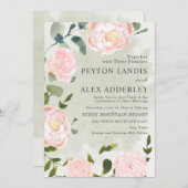 エレガント赤面ピンクフローラセージ結婚グリーン 招待状 (正面/裏面)