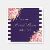 エレガント赤面ピンクフローラネイビーブルーストライプ スタンダードカクテルナプキン (正面)