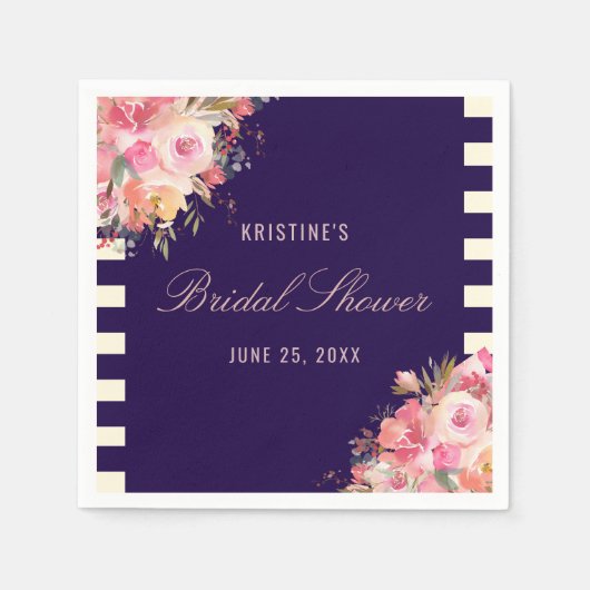 エレガント赤面ピンクフローラネイビーブルーストライプ スタンダードカクテルナプキン (正面)