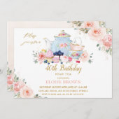 エレガント赤面ピンクフローラハイティーパーティー誕生日 招待状 (正面/裏面)