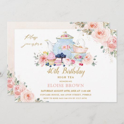 エレガント赤面ピンクフローラハイティーパーティー誕生日 招待状 (正面/裏面)