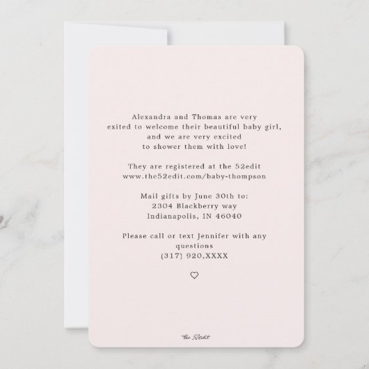 エレガント赤面ピンクフローラバイメール赤ちゃんシャワー 招待状 (裏面)