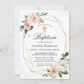 エレガント赤面ピンクフローラバプテスマ&《キリスト教》洗礼式や命名式 招待状 (正面)