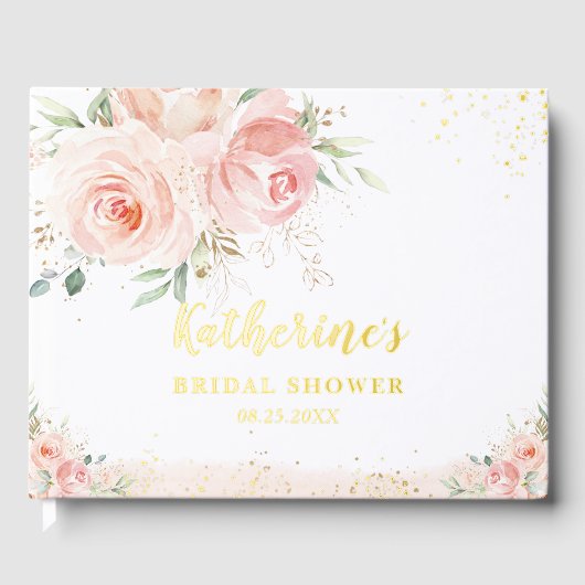 エレガント赤面ピンクフローラバラブライダルシャワー金ゴールド ゲストブック (正面)