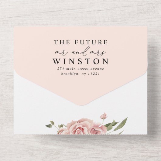 エレガント赤面ピンクフローラバラボ結婚タニカル オールインワン招待状 (裏面)